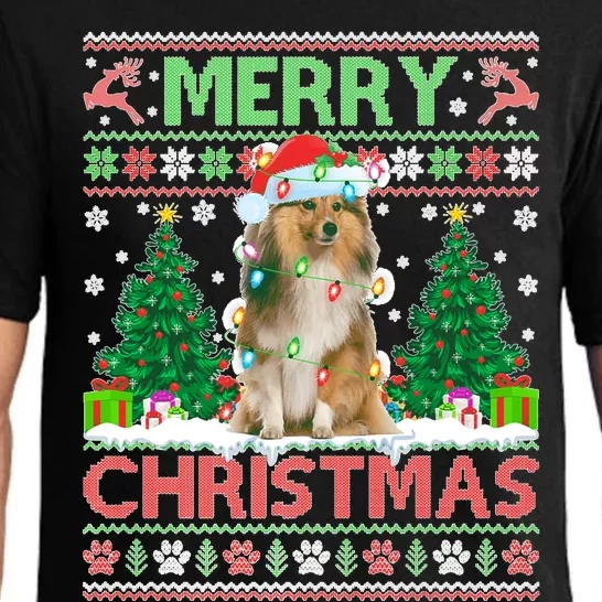 Merry Christmas Lighting Ugly Sheltie Christmas Premium Pajama Set