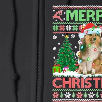 Merry Christmas Lighting Ugly Sheltie Christmas Premium Full Zip Hoodie