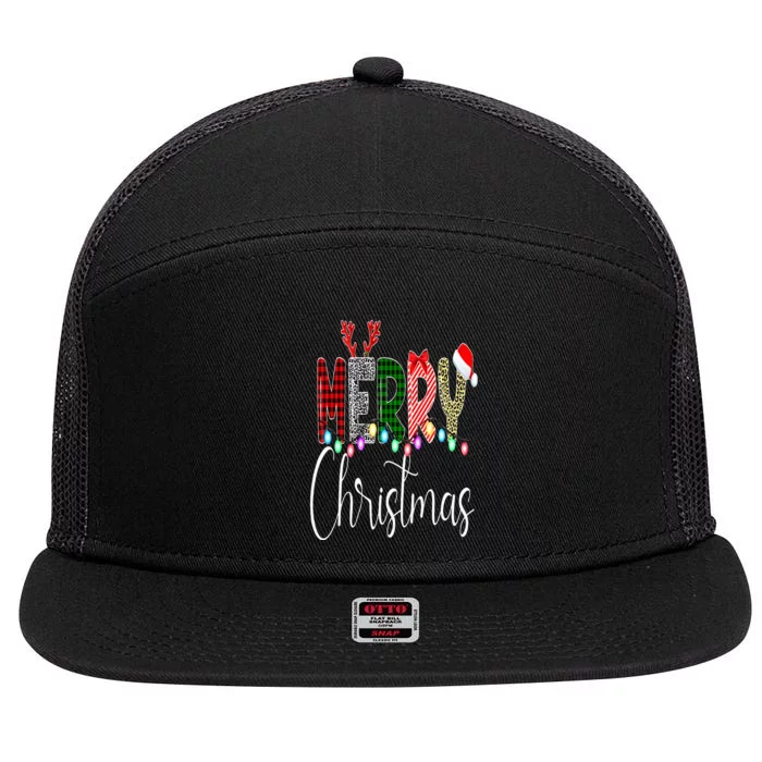 Merry Christmas Leopard Buffalo Red Plaid Santa Family Xmas 7 Panel Mesh Trucker Snapback Hat