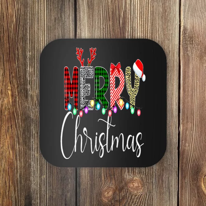 Merry Christmas Leopard Buffalo Red Plaid Santa Family Xmas Coaster