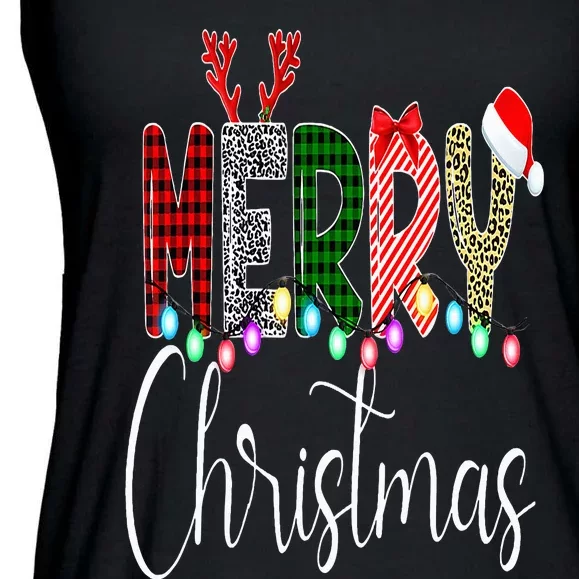 Merry Christmas Leopard Buffalo Red Plaid Santa Family Xmas Ladies Essential Flowy Tank