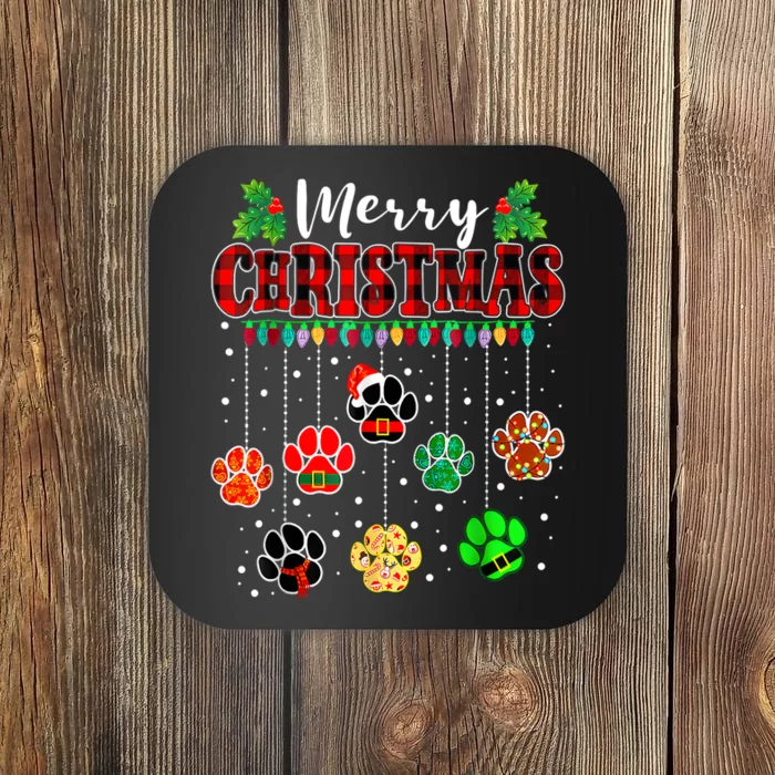 Merry Christmas Lights Dog Paw Red Plaid Funny Dog Love Xmas Coaster