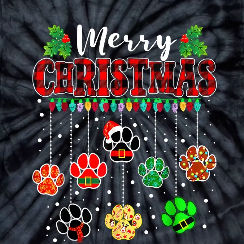 Merry Christmas Lights Dog Paw Red Plaid Funny Dog Love Xmas Tie-Dye T-Shirt