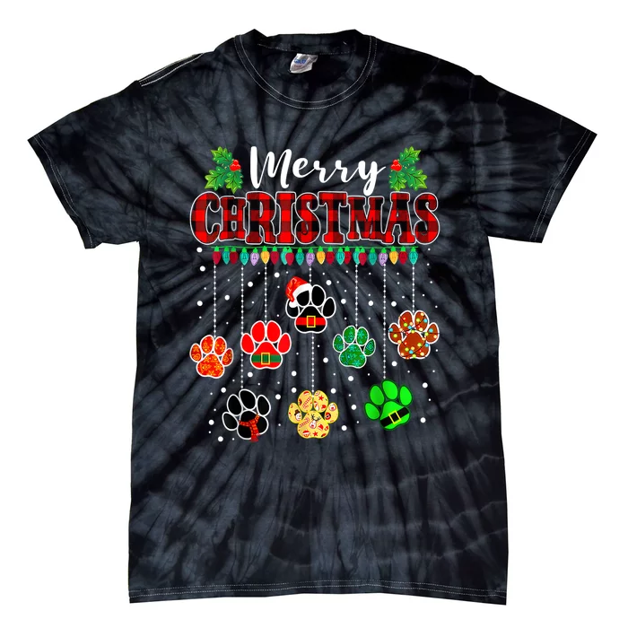 Merry Christmas Lights Dog Paw Red Plaid Funny Dog Love Xmas Tie-Dye T-Shirt