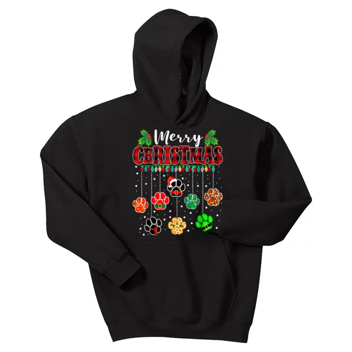 Merry Christmas Lights Dog Paw Red Plaid Funny Dog Love Xmas Kids Hoodie