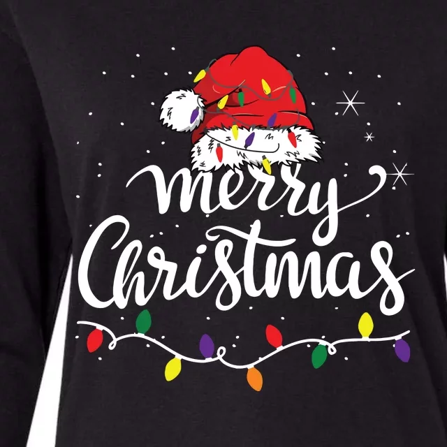 Merry Christmas Lights Red Santa Hat Xmas Family Womens Cotton Relaxed Long Sleeve T-Shirt