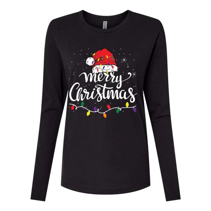 Merry Christmas Lights Red Santa Hat Xmas Family Womens Cotton Relaxed Long Sleeve T-Shirt