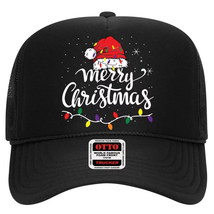 Merry Christmas Lights Red Santa Hat Xmas Family High Crown Mesh Trucker Hat