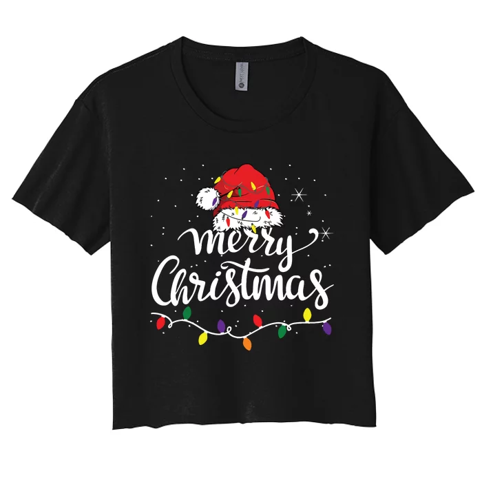 Merry Christmas Lights Red Santa Hat Xmas Family Women's Crop Top Tee