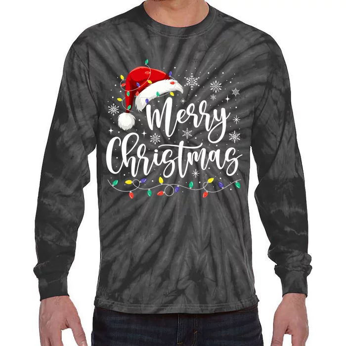 Merry Christmas Lights Red Santa Hat Xmas Family Matching Tie-Dye Long Sleeve Shirt