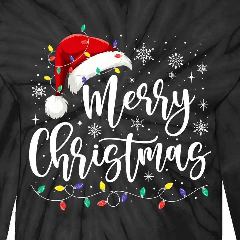 Merry Christmas Lights Red Santa Hat Xmas Family Matching Tie-Dye Long Sleeve Shirt