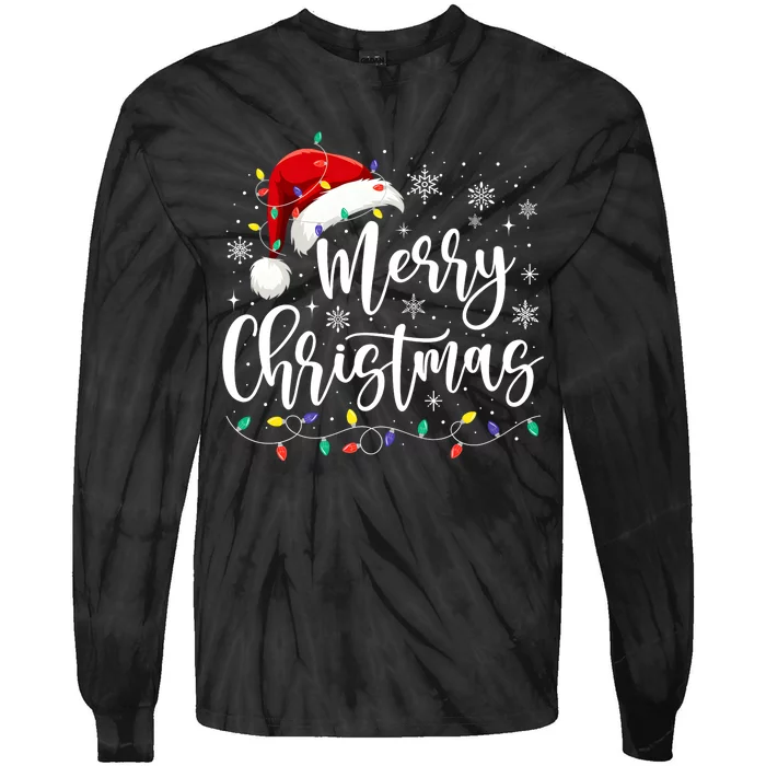 Merry Christmas Lights Red Santa Hat Xmas Family Matching Tie-Dye Long Sleeve Shirt