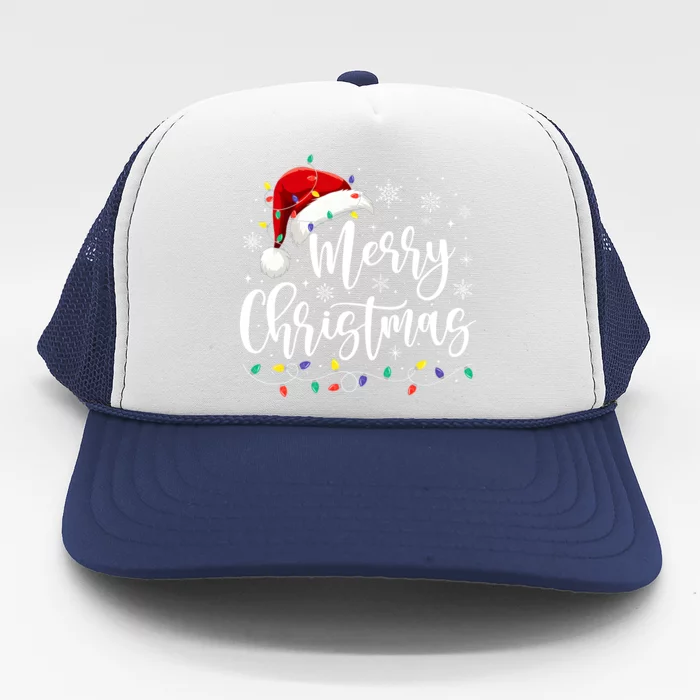 Merry Christmas Lights Red Santa Hat Xmas Family Matching Trucker Hat