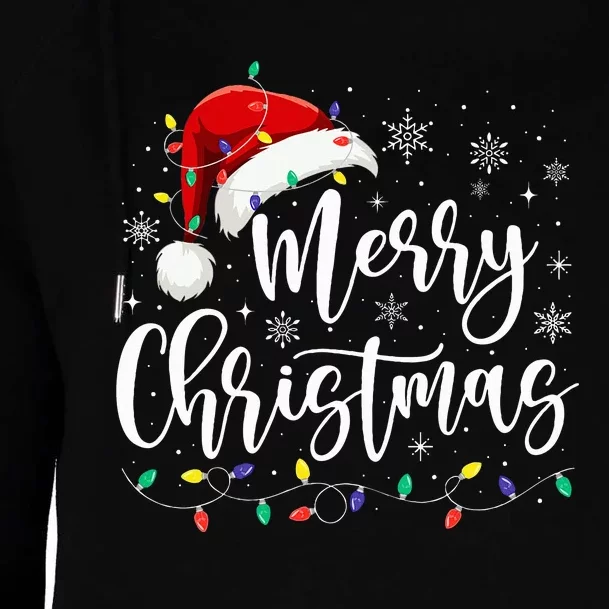 Merry Christmas Lights Red Santa Hat Xmas Family Womens Funnel Neck Pullover Hood