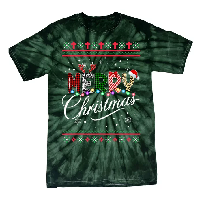 Merry Christmas Leopard Buffalo Red Plaid Tie-Dye T-Shirt