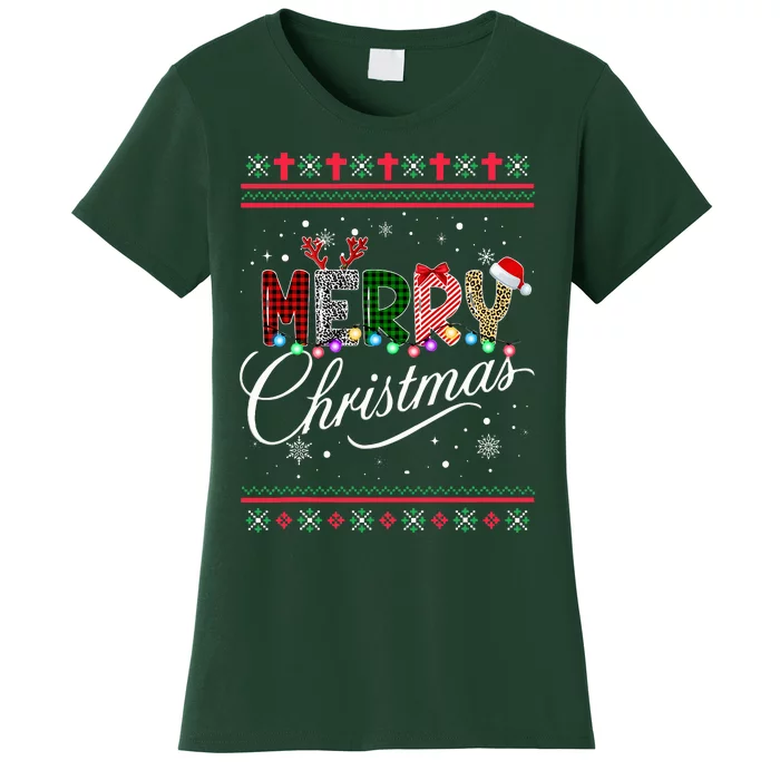 Merry Christmas Leopard Buffalo Red Plaid Women's T-Shirt