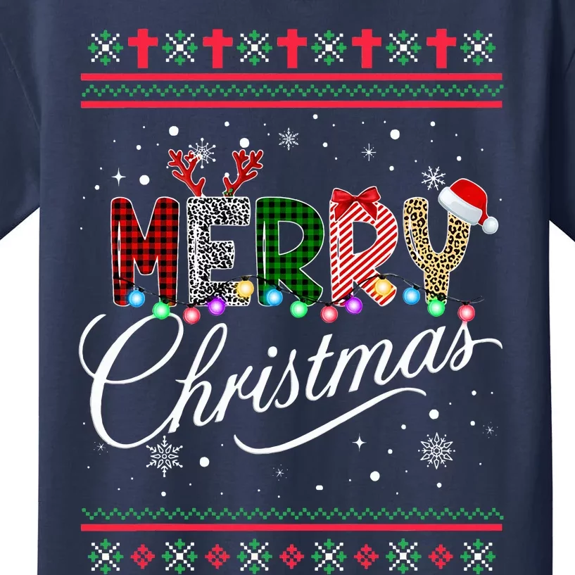 Merry Christmas Leopard Buffalo Red Plaid Kids T-Shirt