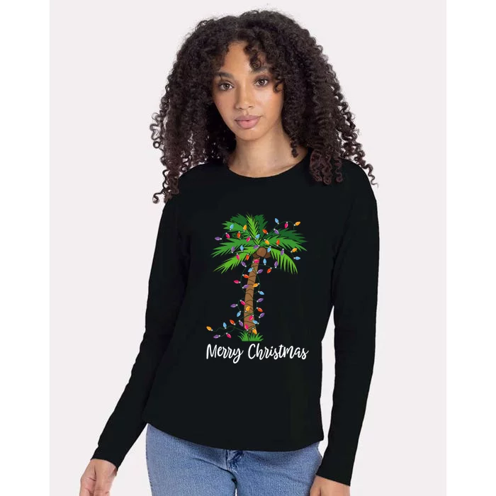 Merry Christmas Lights Palm Tree Beach Xmas Pajama Womens Cotton Relaxed Long Sleeve T-Shirt