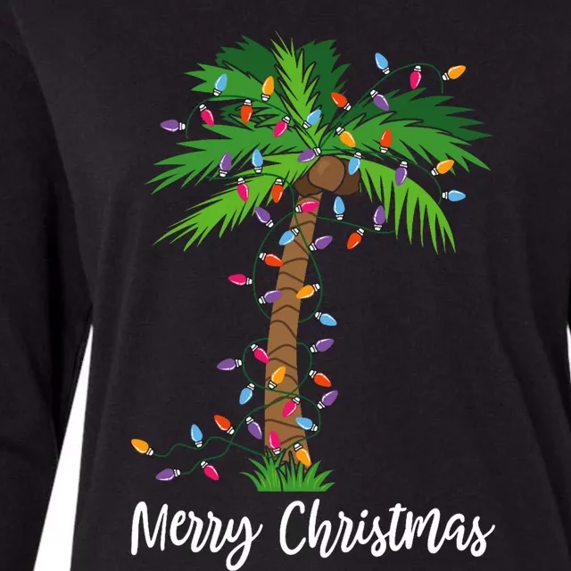 Merry Christmas Lights Palm Tree Beach Xmas Pajama Womens Cotton Relaxed Long Sleeve T-Shirt