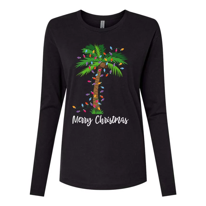 Merry Christmas Lights Palm Tree Beach Xmas Pajama Womens Cotton Relaxed Long Sleeve T-Shirt