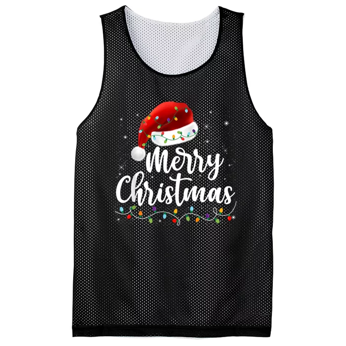 Merry Christmas Lights Red Santa Hat Xmas Family Mesh Reversible Basketball Jersey Tank