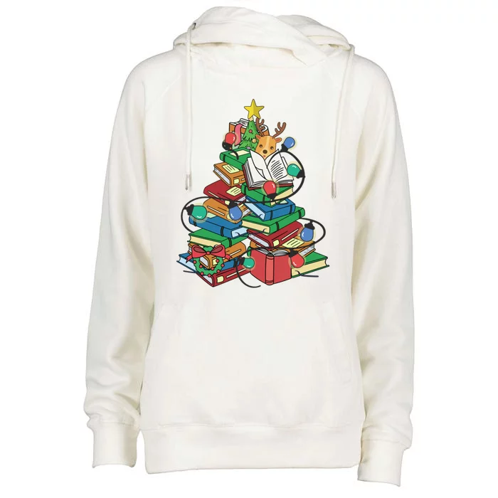 Merry Christmas Library Book Librarian Book Xmas Tree Lights Cute Gift Womens Funnel Neck Pullover Hood