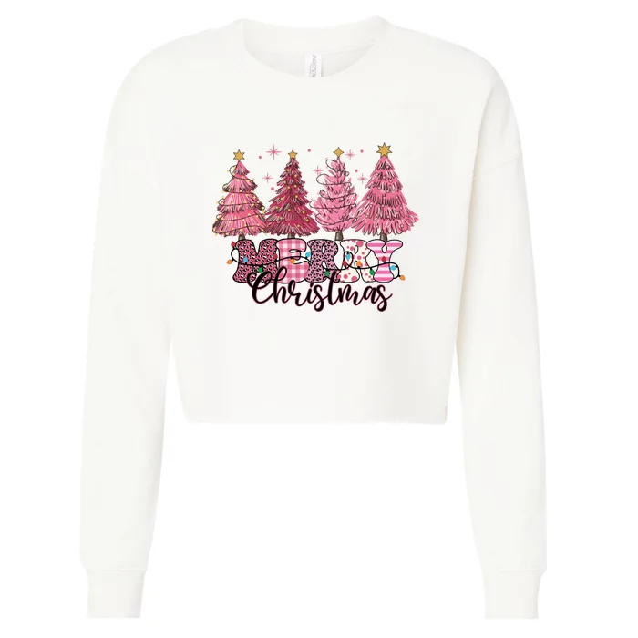 Merry Christmas Lights Pink Tree Gift Xmas Holidays Cropped Pullover Crew