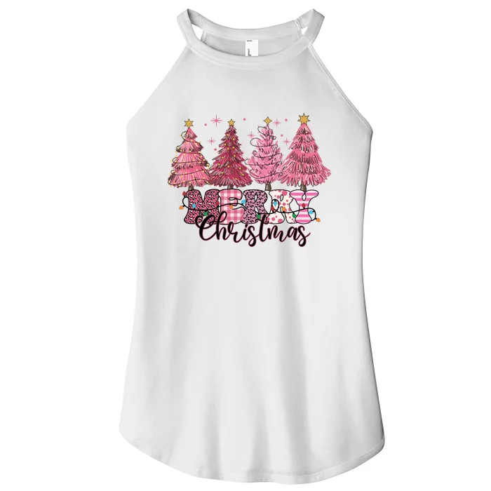 Merry Christmas Lights Pink Tree Gift Xmas Holidays Women’s Perfect Tri Rocker Tank