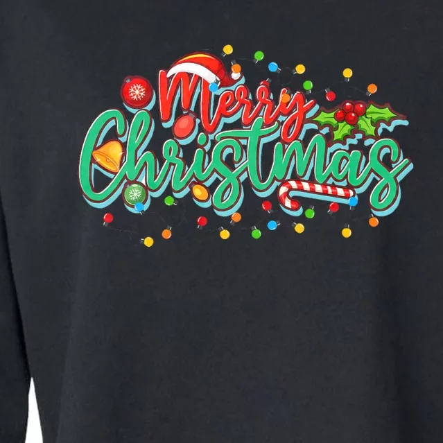 Merry Christmas Lights Red Santa Hat Matching Family Outfits Cropped Pullover Crew