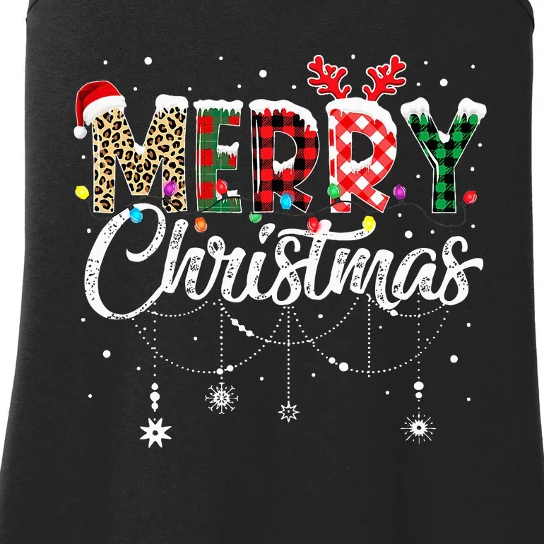 Merry Christmas Leopard Buffalo Red Plaid Santa Family Ladies Essential Tank