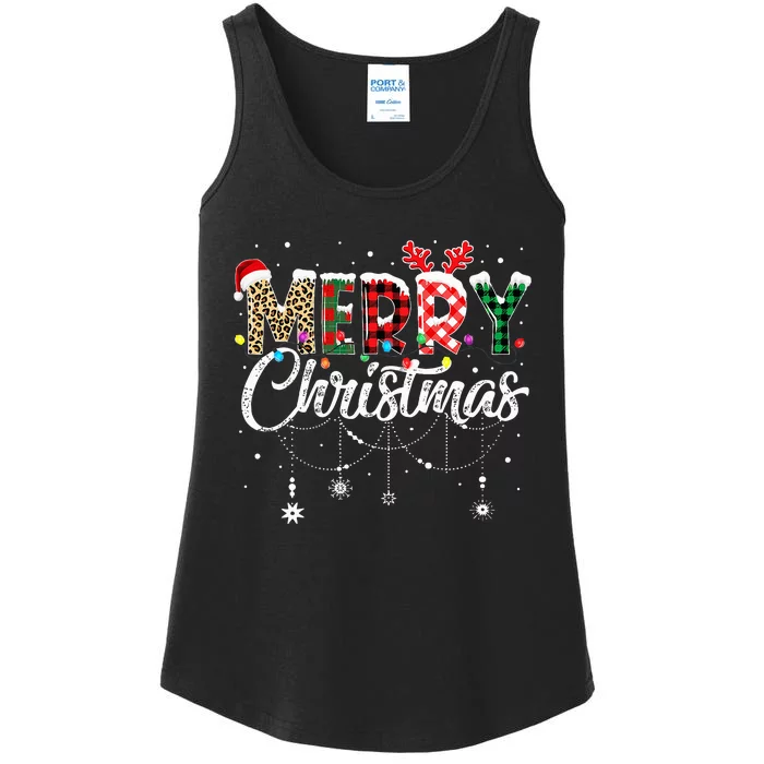 Merry Christmas Leopard Buffalo Red Plaid Santa Family Ladies Essential Tank