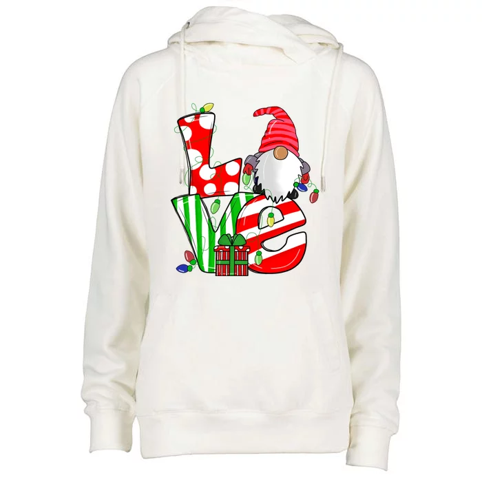 Merry Christmas Love Gnome Christmas Lights Xmas Funny Gift Womens Funnel Neck Pullover Hood