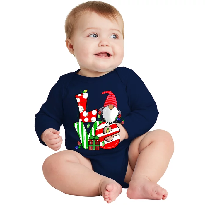 Merry Christmas Love Gnome Christmas Lights Xmas Funny Gift Baby Long Sleeve Bodysuit