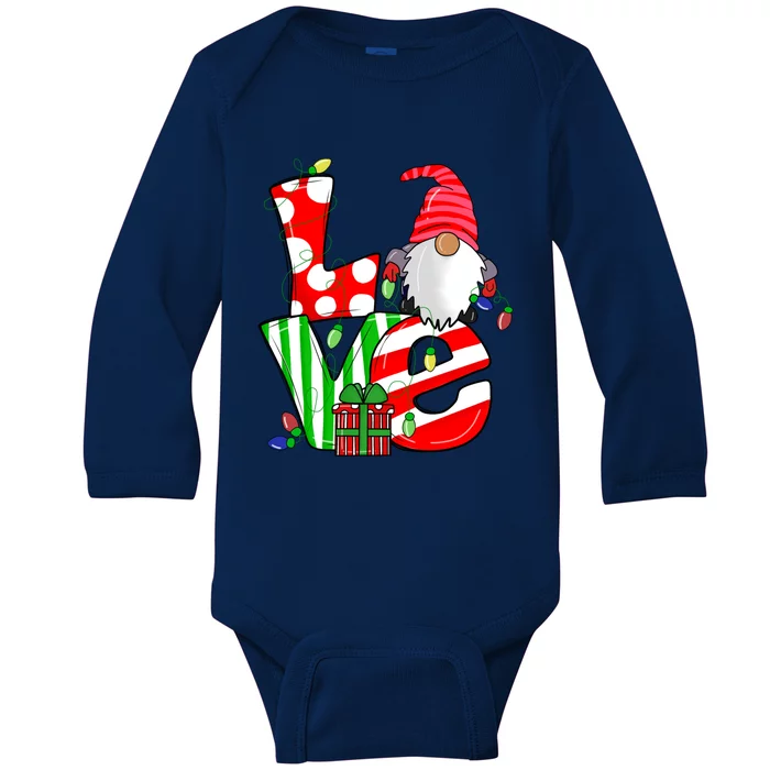 Merry Christmas Love Gnome Christmas Lights Xmas Funny Gift Baby Long Sleeve Bodysuit