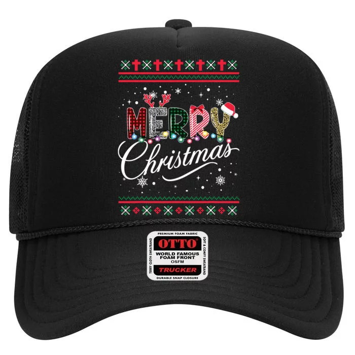 Merry Christmas Leopard Buffalo Red Plaid For Women High Crown Mesh Trucker Hat