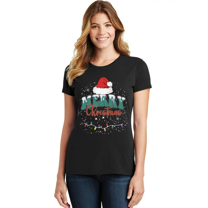 Merry Christmas Led Lights Red Santa Hat Family Women's T-Shirt