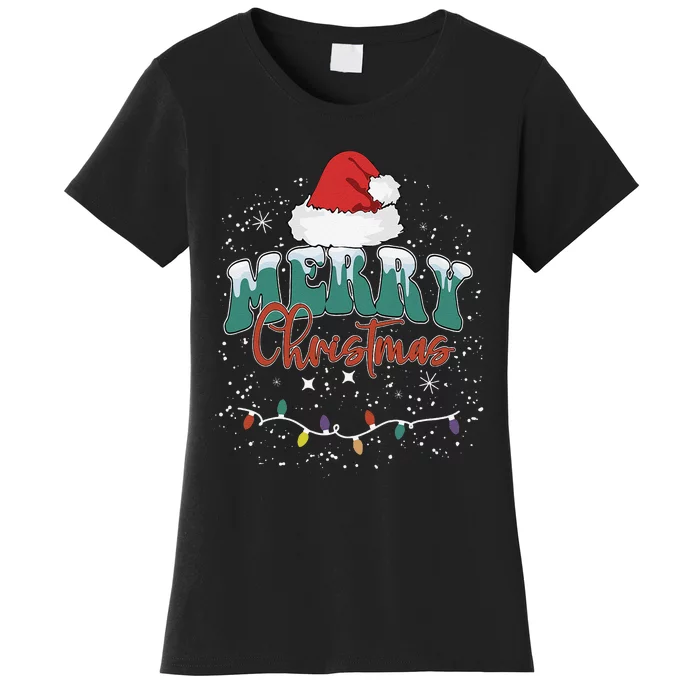 Merry Christmas Led Lights Red Santa Hat Family Women's T-Shirt