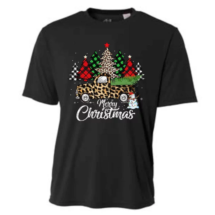 Merry Christmas Leopard Truck Buffalo Plaid Xmas Trees Party Cooling Performance Crew T-Shirt