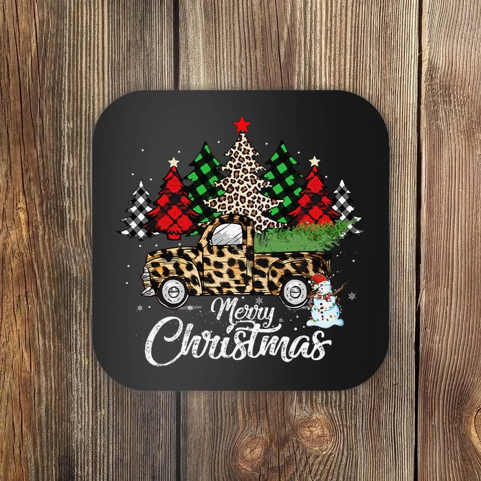 Merry Christmas Leopard Truck Buffalo Plaid Xmas Trees Party Coaster