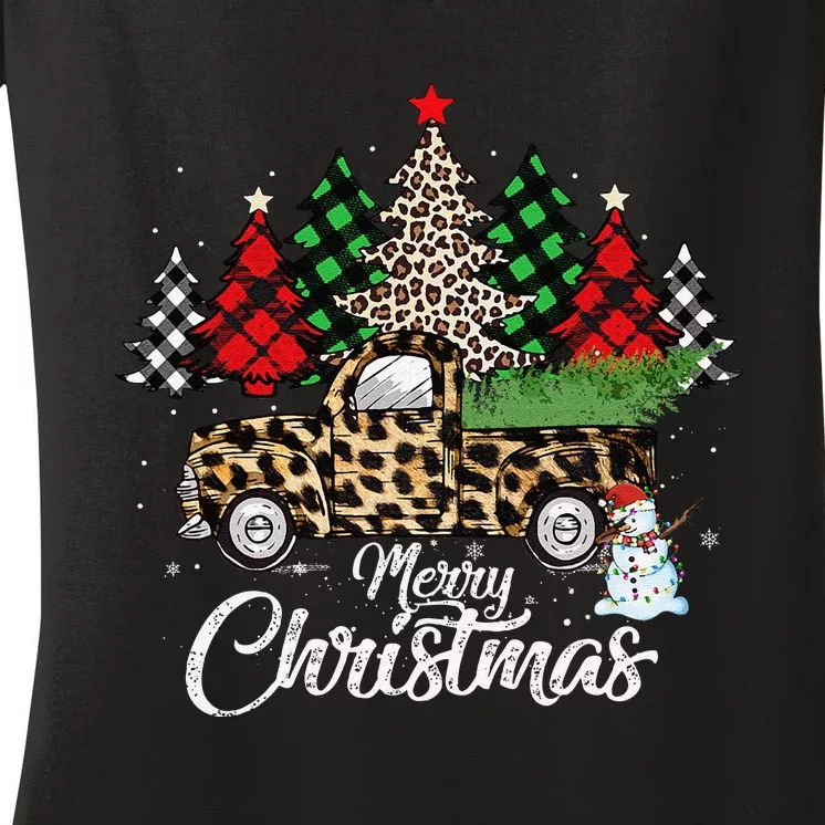 Merry Christmas Leopard Truck Buffalo Plaid Xmas Trees Party Women's V-Neck T-Shirt