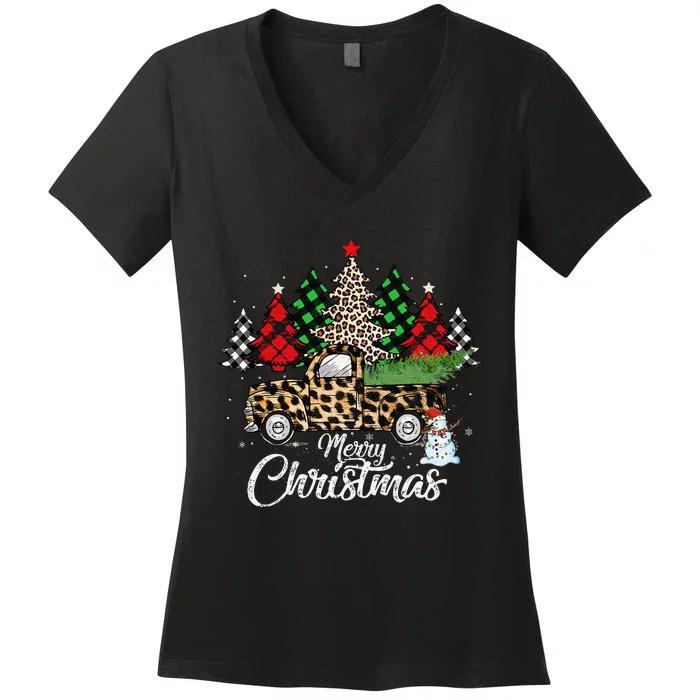 Merry Christmas Leopard Truck Buffalo Plaid Xmas Trees Party Women's V-Neck T-Shirt