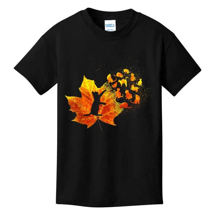 Maple Cat Leaf Fall Hello Autumn Funny Cat Kitten Lover Kids T-Shirt