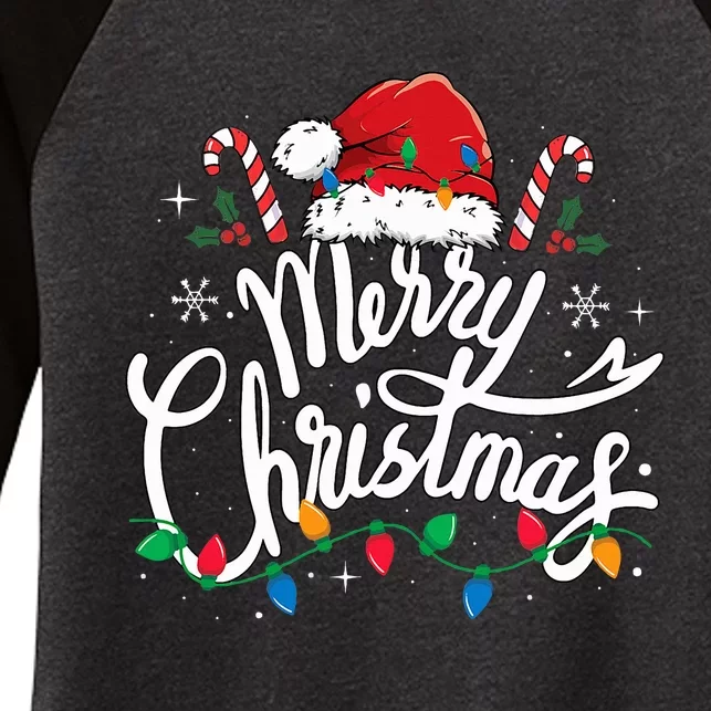 Merry Christmas Lights Red Santa Hat Xmas Family Women's Tri-Blend 3/4-Sleeve Raglan Shirt