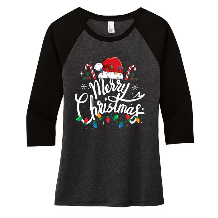 Merry Christmas Lights Red Santa Hat Xmas Family Women's Tri-Blend 3/4-Sleeve Raglan Shirt