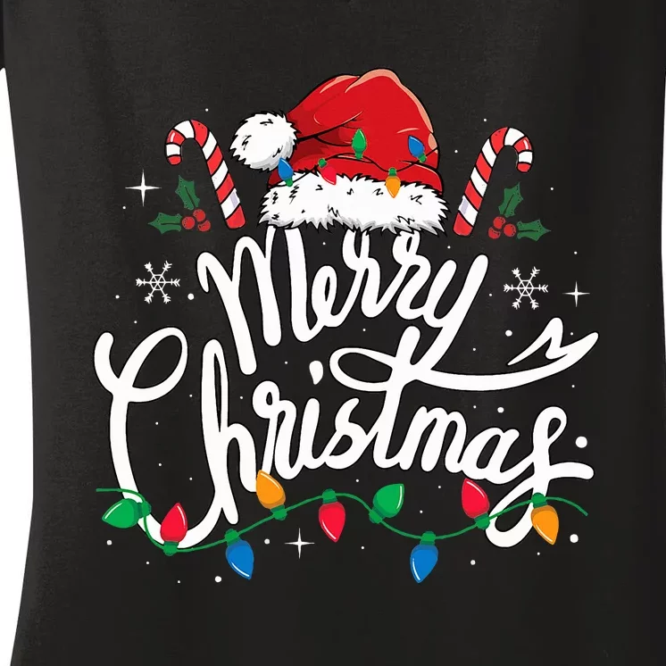 Merry Christmas Lights Red Santa Hat Xmas Family Women's V-Neck T-Shirt