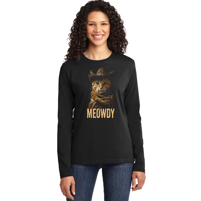 Meowdy Cat Meowdy Cowboy Cat Country Western Ladies Long Sleeve Shirt