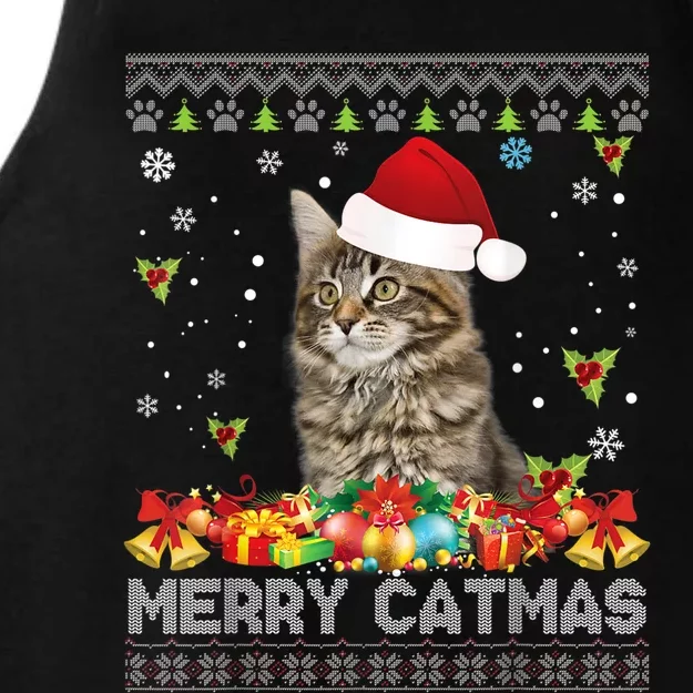 Merry Catmas Maine Coon Cat Ugly Sweater Christmas Santa Ladies Tri-Blend Wicking Tank