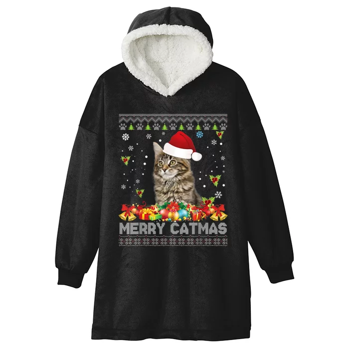 Merry Catmas Maine Coon Cat Ugly Sweater Christmas Santa Hooded Wearable Blanket