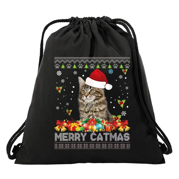 Merry Catmas Maine Coon Cat Ugly Sweater Christmas Santa Drawstring Bag