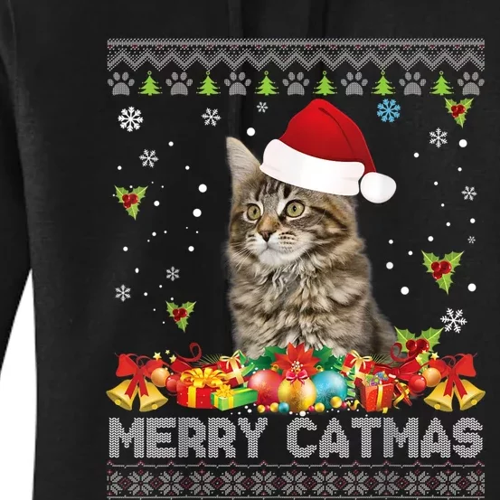 Merry Catmas Maine Coon Cat Ugly Sweater Christmas Santa Women's Pullover Hoodie